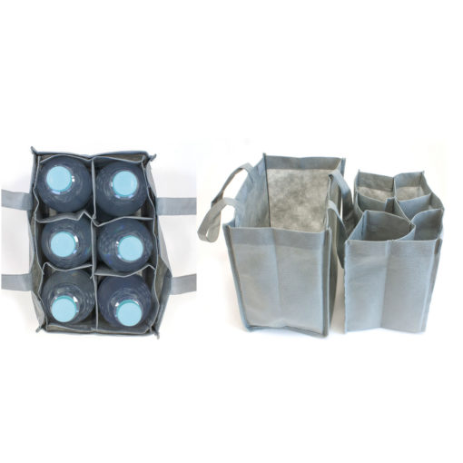 Flaschentasche Non Woven fuer 6 Flaschen veschieden Ansichten und entnommenes Innenteil