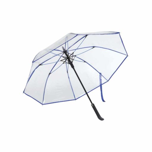 Transparenter Regenschirm mit blauer Bordüre
