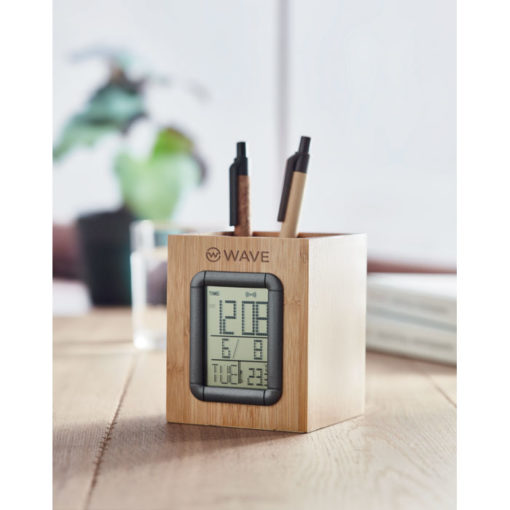 Bambus-Stiftehalter mit Uhr - bedruckt